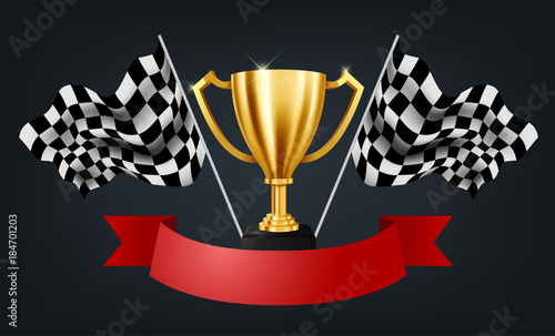 Realistic Golden Trophy with Checkered flag racing championship background and red ribbon, Vector Illustration