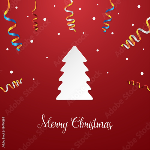 Merry christmas card White paper art Christmas tree with colorful serpentine and confetti are lying on a red background Greeting card with the calligraphic inscription Merry Christmas