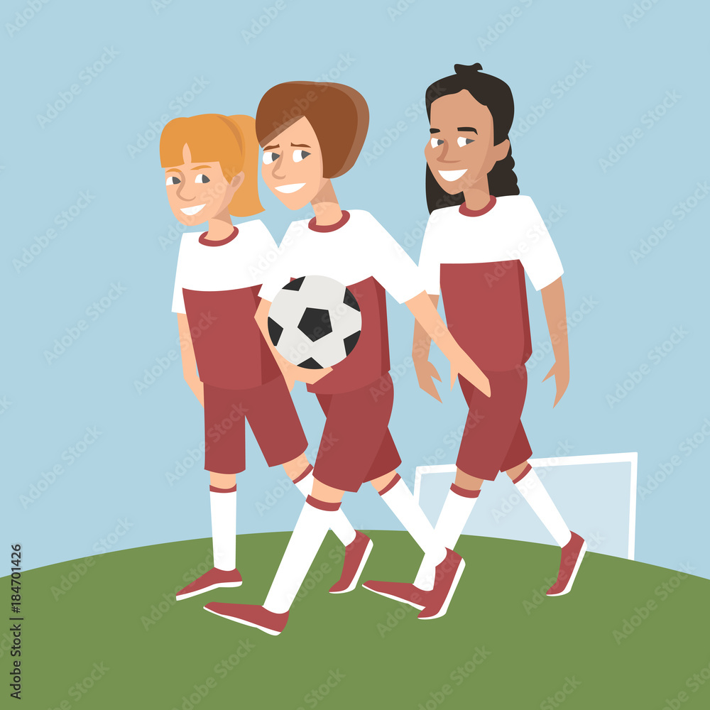 three girls soccer players with ball vector cartoon