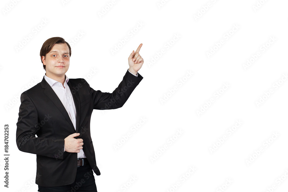 Portrait of young business man pointing to copy space isolated on white background. Portrait of young business man pointing to copy space isolated on white background.
