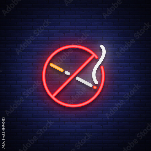 No smoking vector neon sign. Bright symbol, icon, luminous warning sign of smoking in an unauthorized place