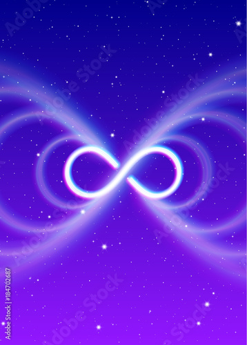 Magic infinity symbol, lemniscate or sideways eight spreads the mystic shiny energy in spiritual space