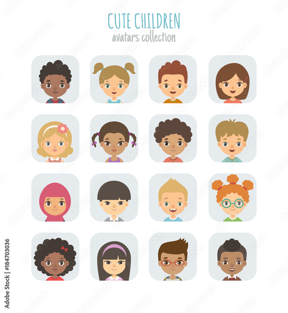 Avatars collection of cute children. Vector illustration of different nationalities children's portraits, arranged in square shape. Avatars collection of cute children. Vector illustration of different nationalities children's portraits, arranged in square shape.