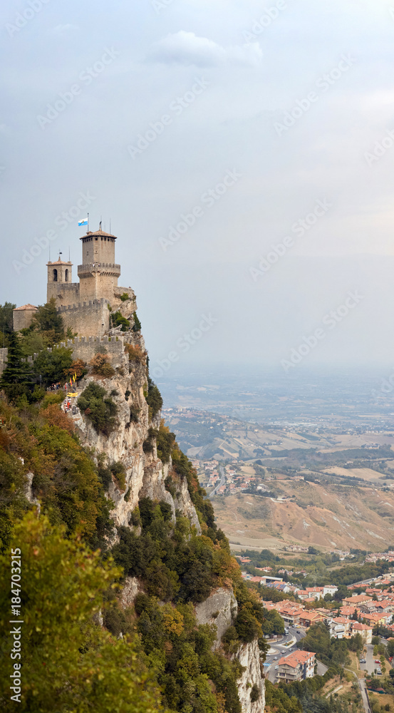 San marino, San Marino - July 10, 2017: Panoramic View of a castle tower.