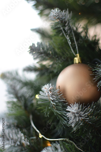 Christmas tree. Holiday background. New Year's toys. Blurred background