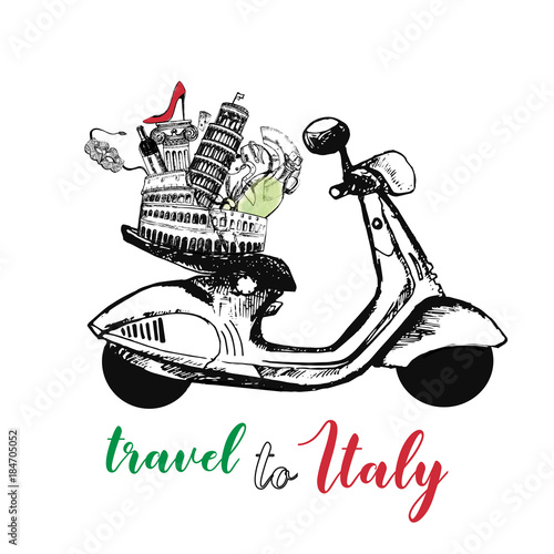 Hand drawn sketch style Italy themed vector illustration of landmarks, food, objects.