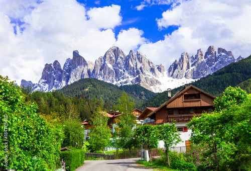Alpine scenery - Dolomites mountains and traditional villages. Val di Funes, Italy © Freesurf
