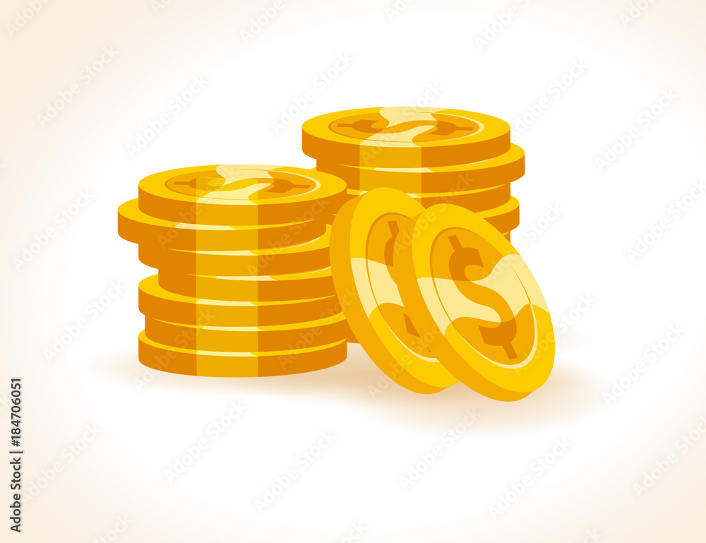 Set of flat vector golden coins isolated on white background. Coins stack, pile illustration. Cash symbol, sign. Game money element. Set of flat vector golden coins isolated on white background. Coins stack, pile illustration. Cash symbol, sign. Game money element.