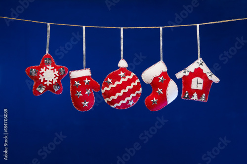 Christmas and new year holidays toys on blue background