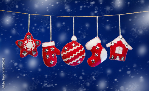 Christmas and new year holidays toys on blue background