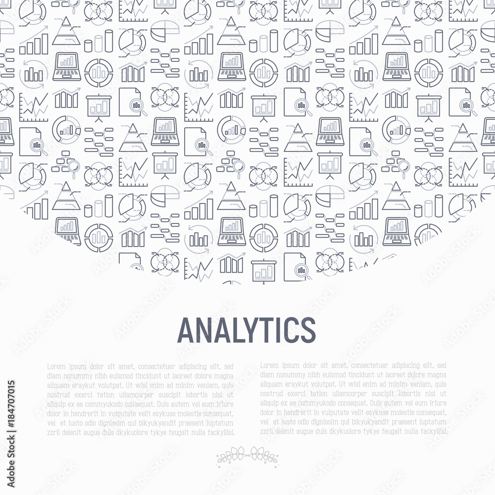 Analytics concept with thin line icons: diagram, chart, statistics, pyramid, business analysis. Modern vector illustration for banner, web page, print media.