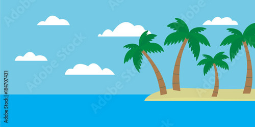 Cartoon colorful view of tropical island with beach and palms in the middle of blue sea under clear sky with clouds on summer day  suitable for holiday card