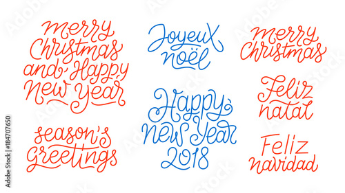 Merry Christmas, Happy New Year 2018, Feliz Navidad, Feliz Natal, Joyeux Noel, Seasons greetings line art calligraphic lettering quotes isolated on white background. Editable stroke. Typography design