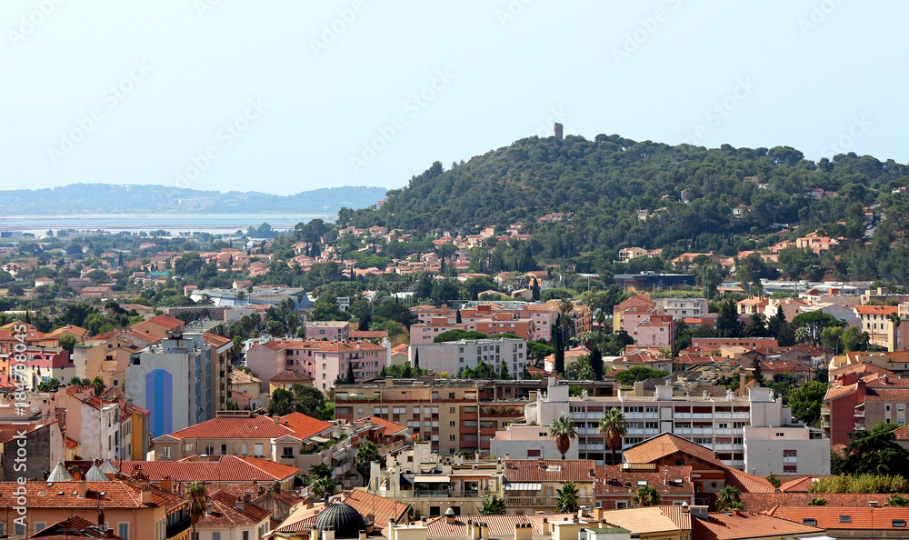 Hyères (FRANCE) - panoramic view - tow, hill, and sea