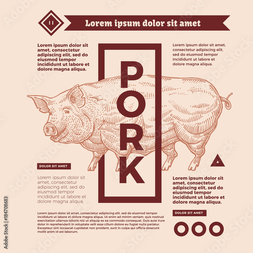 Happy pork in the form of engraving on label with a text stamp, and lettering calligraphy.