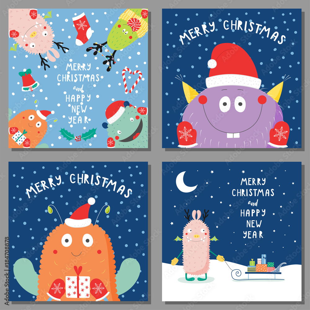 Set of hand drawn Christmas greeting cards templates with cute funny  cartoon monsters in Santa hats, with deer antlers, with quotes, snow.  Vector illustration. Design concept kids, winter holidays. Stock Vector |