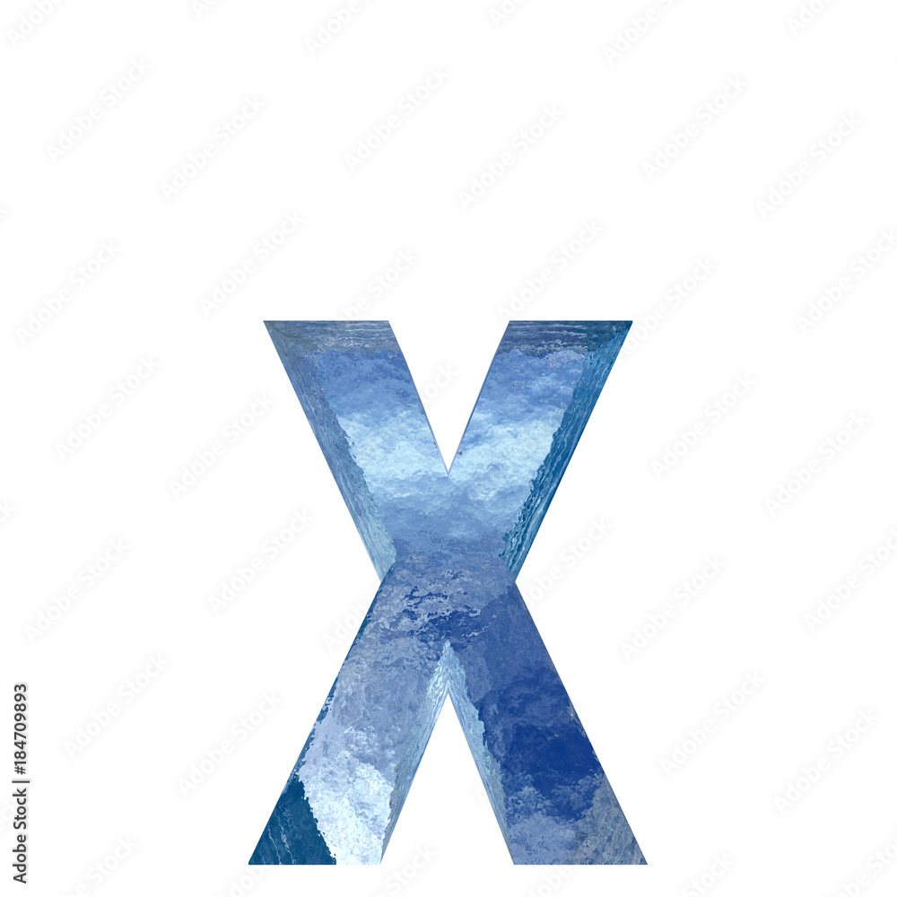 Obraz premium Conceptual blue light cold frosted water or ice winter season font isolated on white snow background. Cool crystal decorative character cut of frozen liquid, transpaernt 3D illustration concept