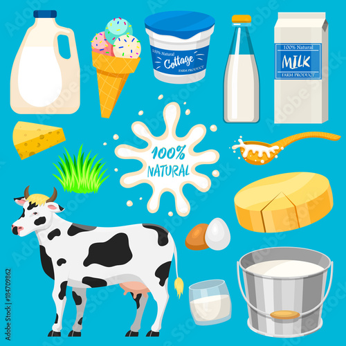 Dairy milk products vector natural food calcium milky dairying production cheese yogurt cottage and sour cream or icecream cow on milky farm illustration isolated on blue background