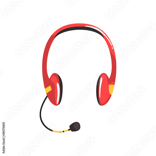 Red wireless headset, headphones with microphone cartoon vector Illustration