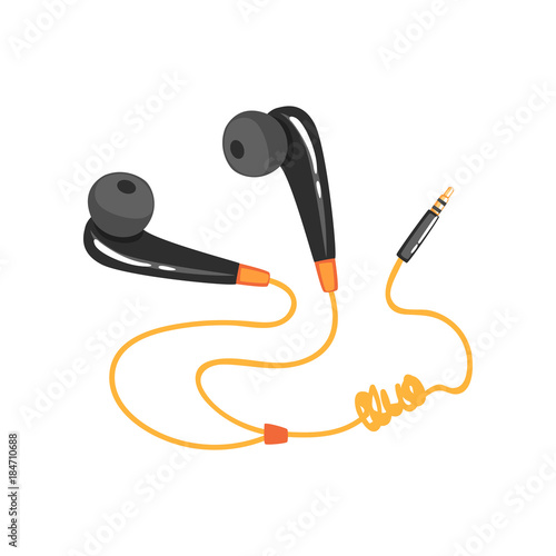 Black earphones with adapter cord, music technology accessory cartoon vector Illustration