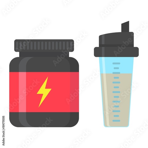 Whey protein with sports shaker flat icon, fitness and sport, nutrition sign vector graphics, a colorful solid pattern on a white background, eps 10.