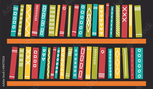 Books with ornament on shelves on dark background. Education, studying, reading vector illustration.