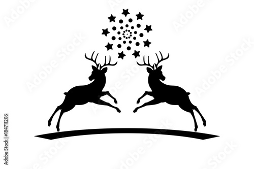 deer with snowflake stars, vintage pattern. Black white stencil, template. Icon .Vector illustration