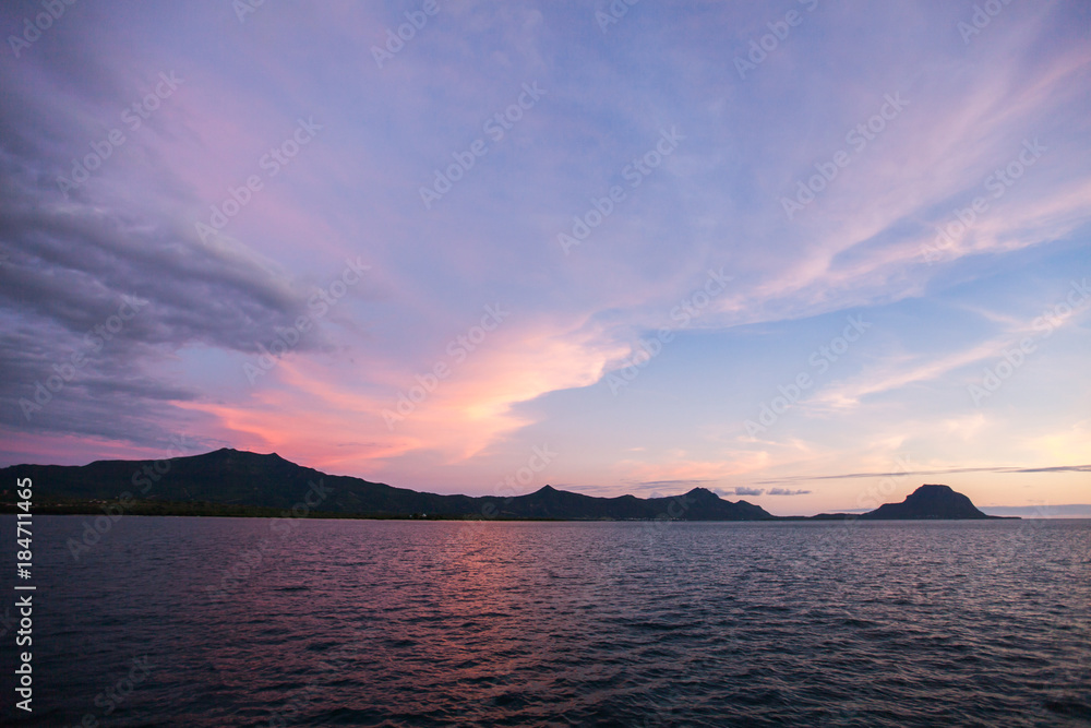 Aerial panoramic view of sunset over ocean. Aerial panoramic view of sunset over ocean.
