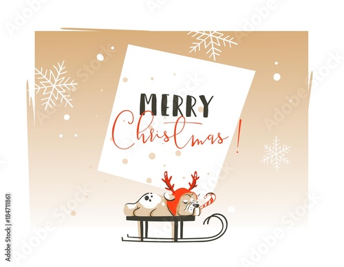 Hand drawn vector abstract Merry Christmas and Happy New Year time cartoon illustrations greeting card template with french bulldog dog on sleigh and typography text isolated on white background