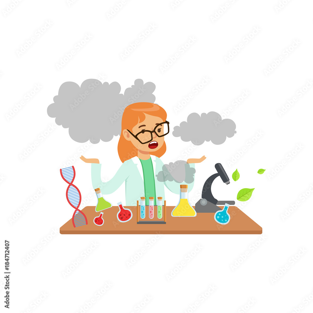 Girl scientist after a failed experiment, schoolgirl at chemistry lesson vector Illustration Girl scientist after a failed experiment, schoolgirl at chemistry lesson vector Illustration