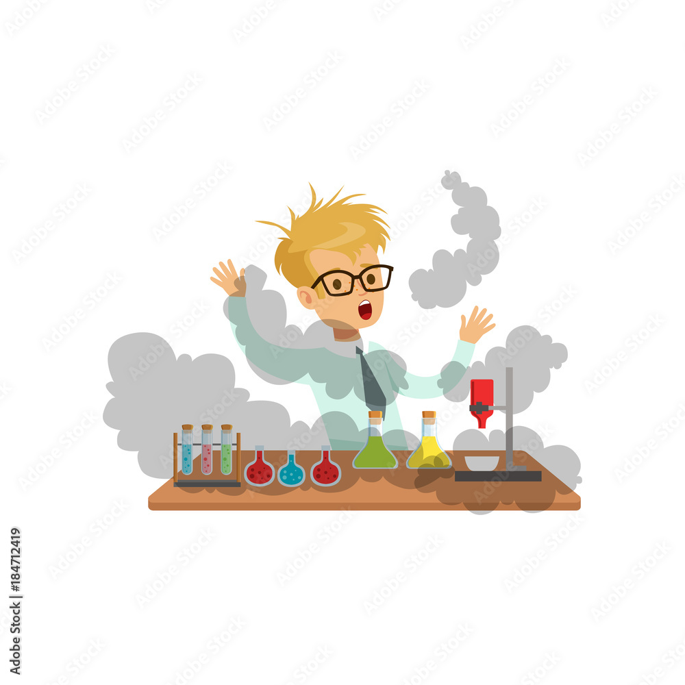 Boy scientist after a failed experiment, mixture explosion, schoolboy at chemistry lesson vector Illustration Boy scientist after a failed experiment, mixture explosion, schoolboy at chemistry lesson vector Illustration