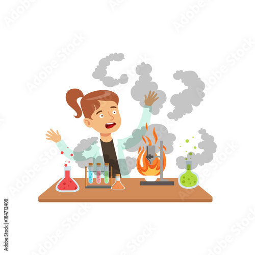 Girl scientist after a failed experiment, mixture explosion, schoolgirl at chemistry lesson vector Illustration