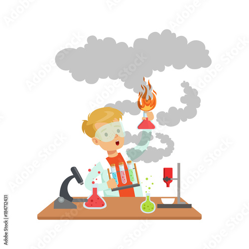 Scientist boy looking dirty holding an exploding test tube, schoolboy doing science experiment vector Illustration