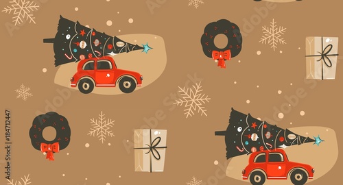 Hand drawn vector abstract Merry Christmas and Happy New Year time cartoon illustrations greeting seamless pattern with xmas tree,car and surprise gift boxes isolated on brown background
