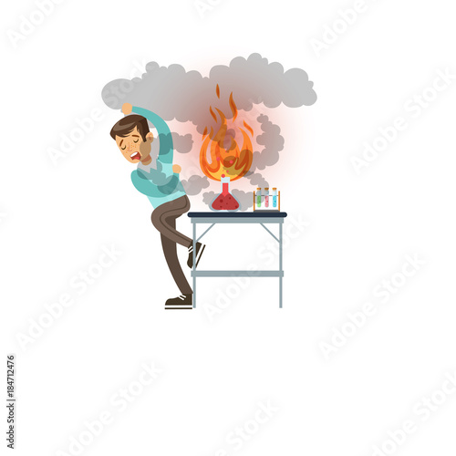 Boy after a failed chemical experiment, scientist experimenting in science chemistry laboratory