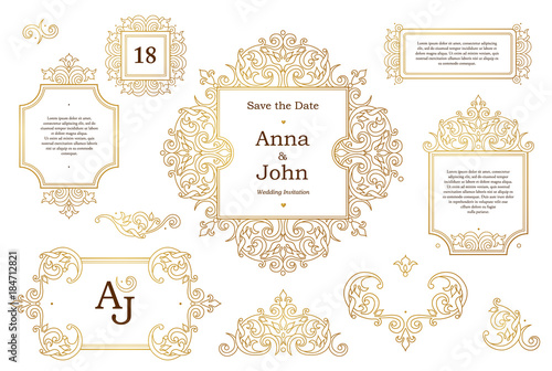 Vector set with golden frames, vignettes in Victorian style.
