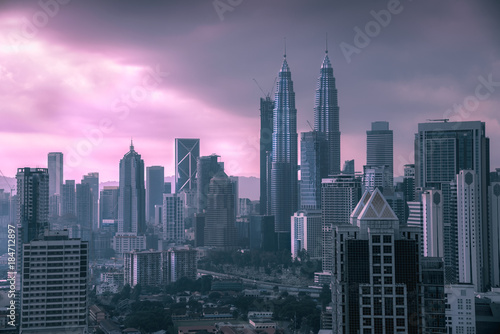 Landscape of Kuala Lumpur skyscraper with colorful sunrise sky  Malaysia.