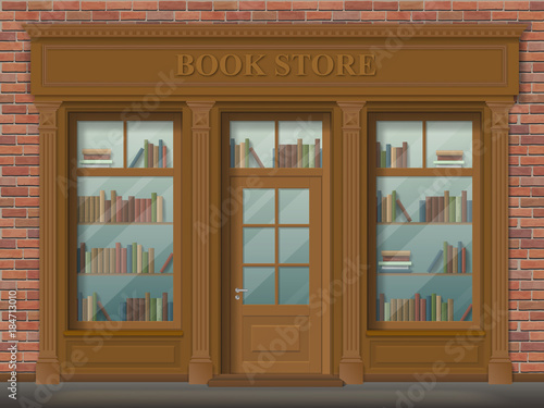 Facade of bookstore, front view. Wooden pilasters, classic style. Detailed vector realistic illustration.
