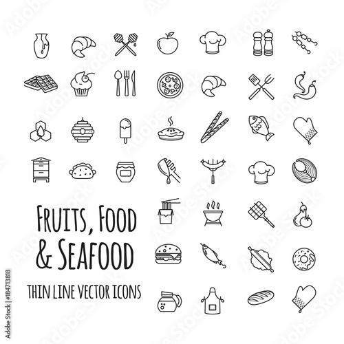 fruits, food and seafood outline set of vector icons
