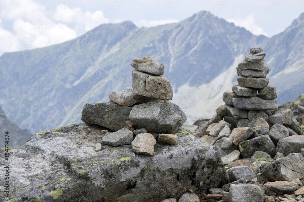 Stone cairns in Tatra mountains, Slovakia, harmony and balance under mount Rysy Stone cairns in Tatra mountains, Slovakia, harmony and balance under mount Rysy