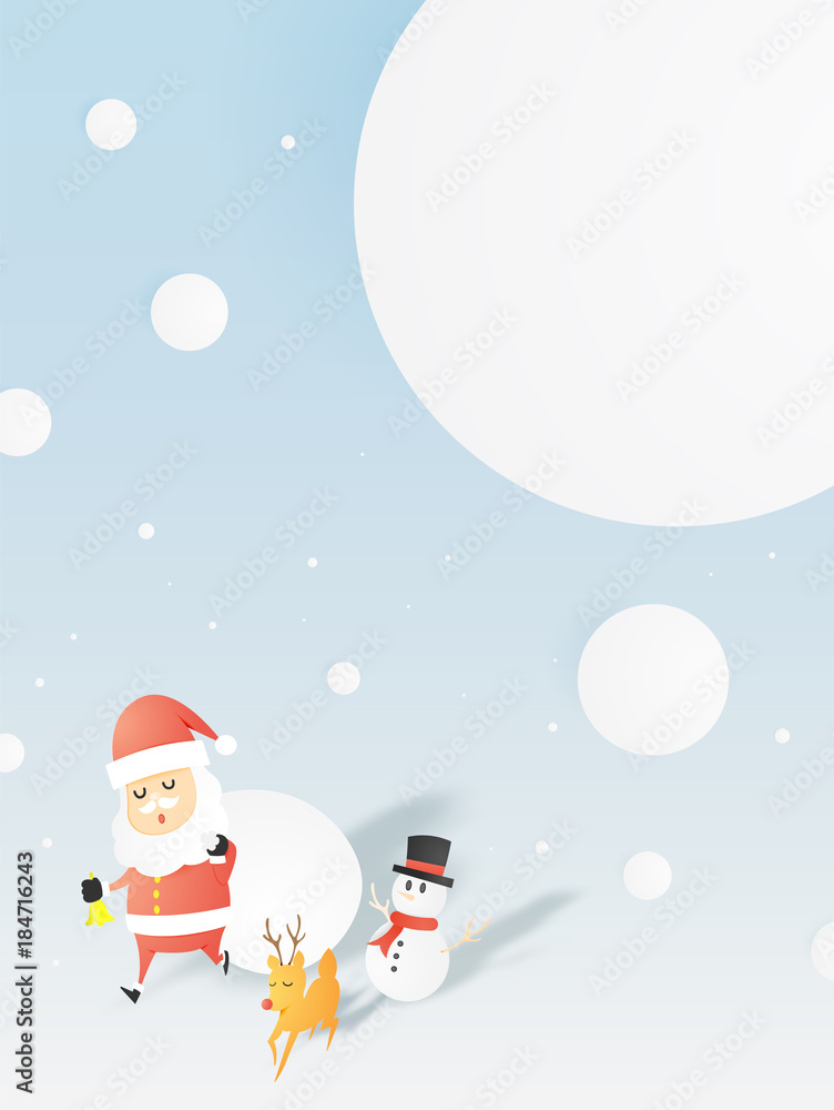 Santa claus, snowman and reindeer in paper art style with snow and snowflake background