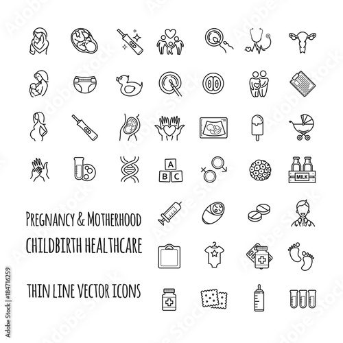Pregnancy, fertilization and motherhood vector icon set. Gynecology, childbirth healthcare thin line icons set