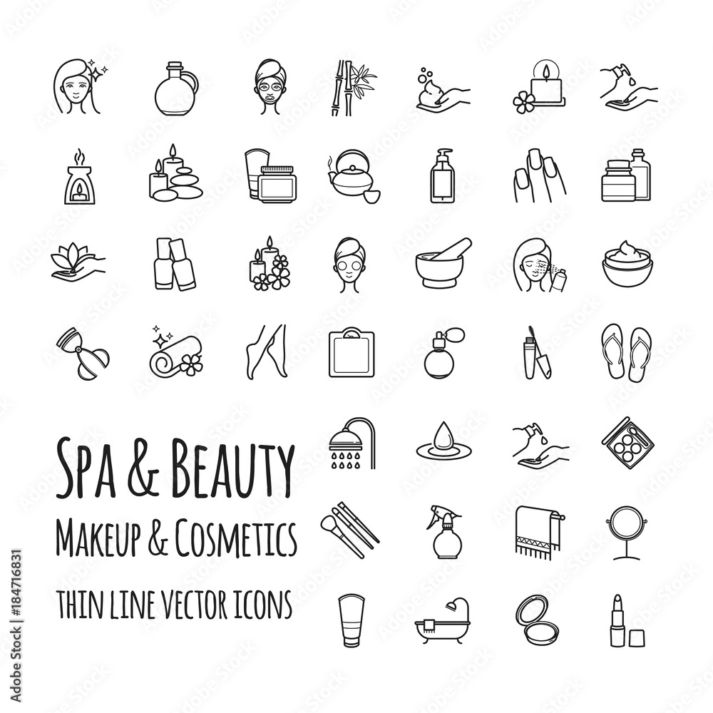 Spa, Beauty, makeup and cosmetics thin line vector icons set Spa, Beauty, makeup and cosmetics thin line vector icons set