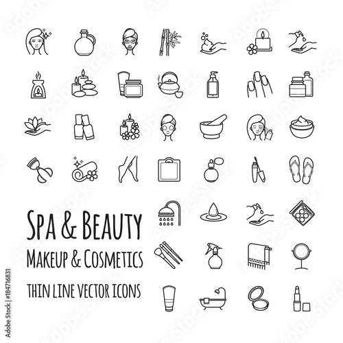 Spa, Beauty, makeup and cosmetics thin line vector icons set