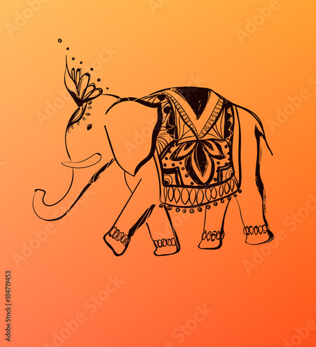 Hand drawn India style illustration. Vector decorative elephant.