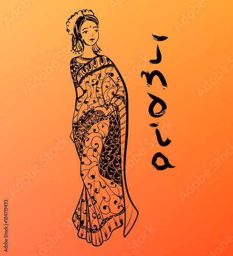 Hand drawn India style illustration with calligraphic text. Vector decorative woman dressed in sari.