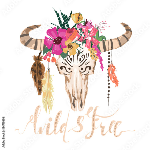 Beautiful bull scull, hand drawn, vector watercolor illustration. Scull with flowers wreath and hanging feathers with Wild and Free lettering. Print, poster, background