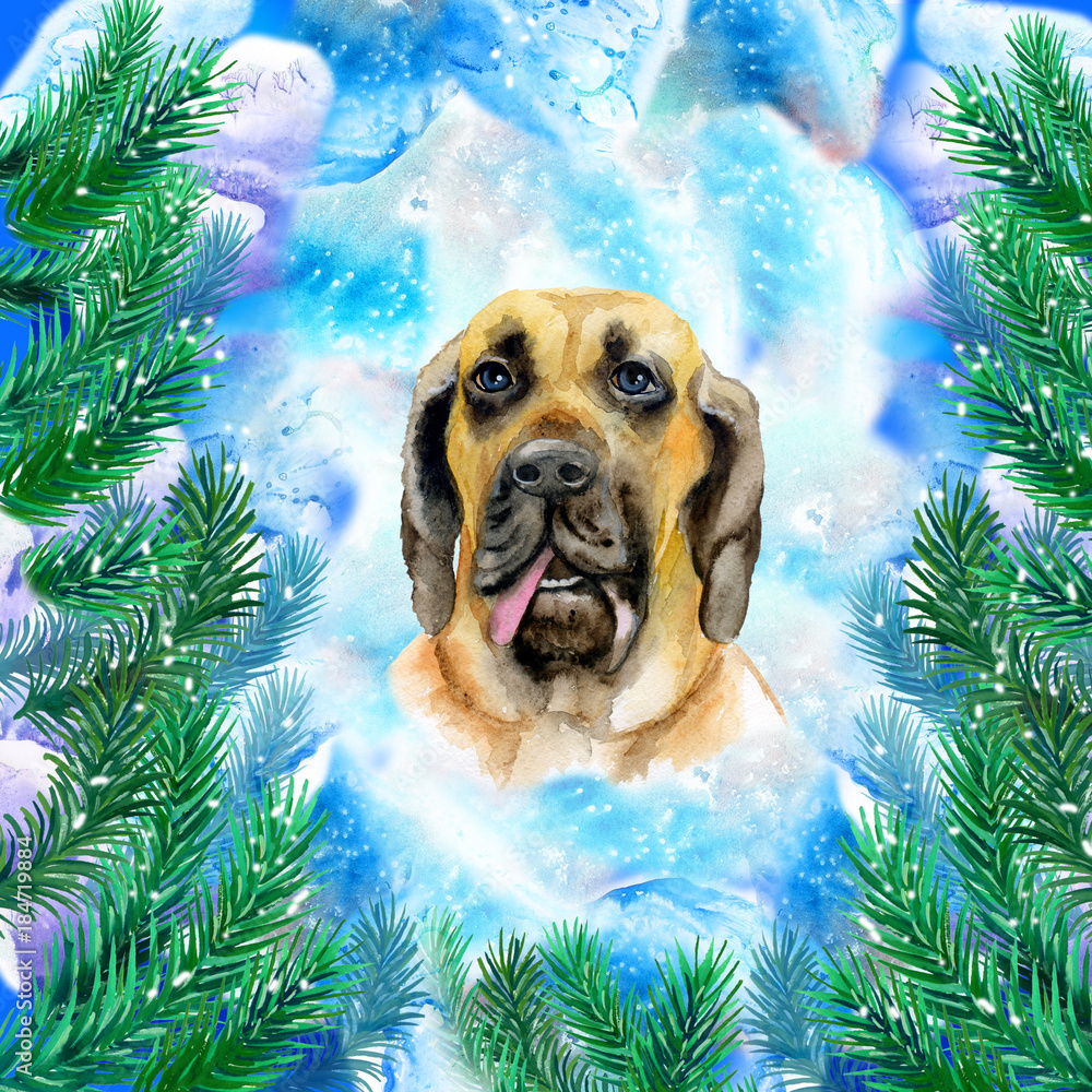 Fila brasileiro Brazilian Mastiff puppy symbol of New Year and Christmas greeting card design topped by stars. Cute small dog watercolor illustration isolated on white background, postcard Stock Illustration | Adobe