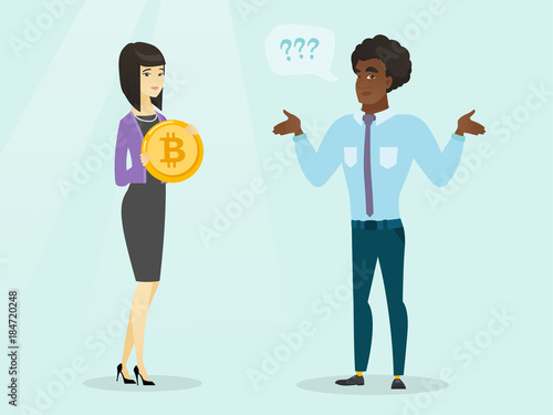 Confused african-american businessman looking at young woman with a bitcoin coin and expressing his unawareness about cryptocurrency. Blockchain network technology concept. Vector cartoon illustration