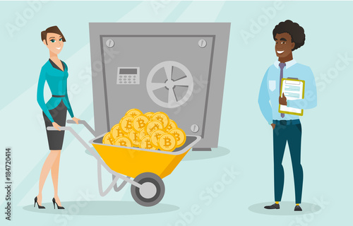 Caucasian woman pushing wheelbarrow full of bitcoin coins on the background of a big safe symbolizing bitcoin cold wallet. Cryptocurrency cold wallet and security concept. Vector cartoon illustration.